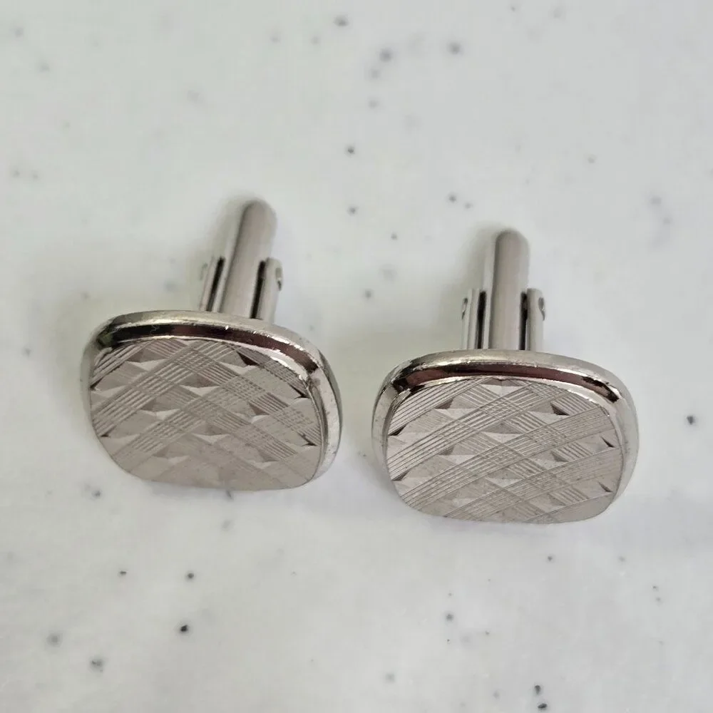 Swank cufflinks Silver Tone Geometric Textured Square Stripe Weave Pattern